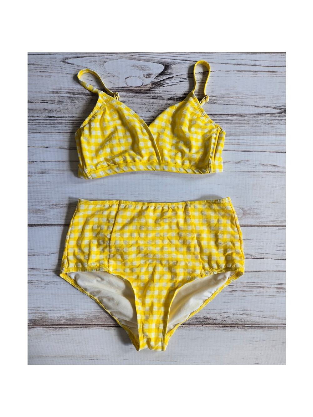 Kona Sol Yellow Gingham Seersucker High Waist Bikini Set Size L D/DD